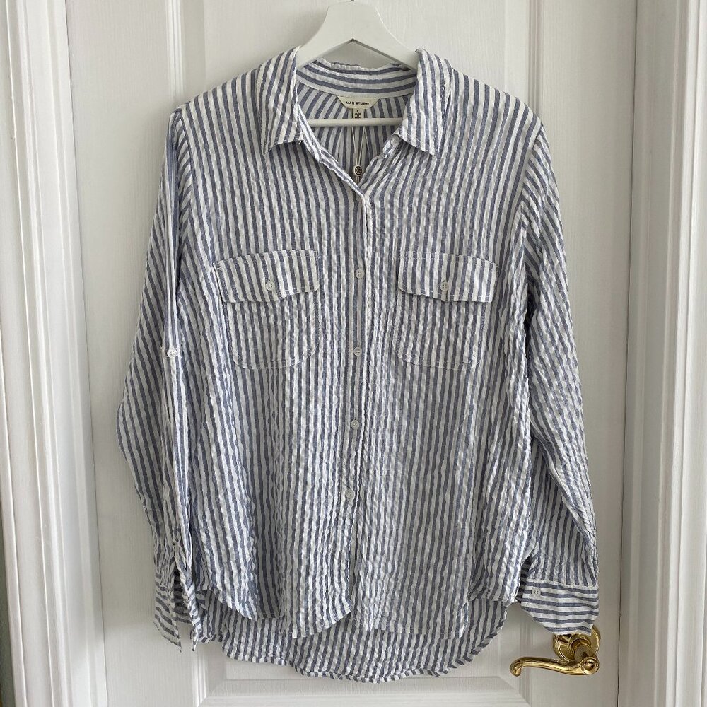 NWT Max Studio Striped Button Down Shirt Roll Tab Sleeve L Women’s